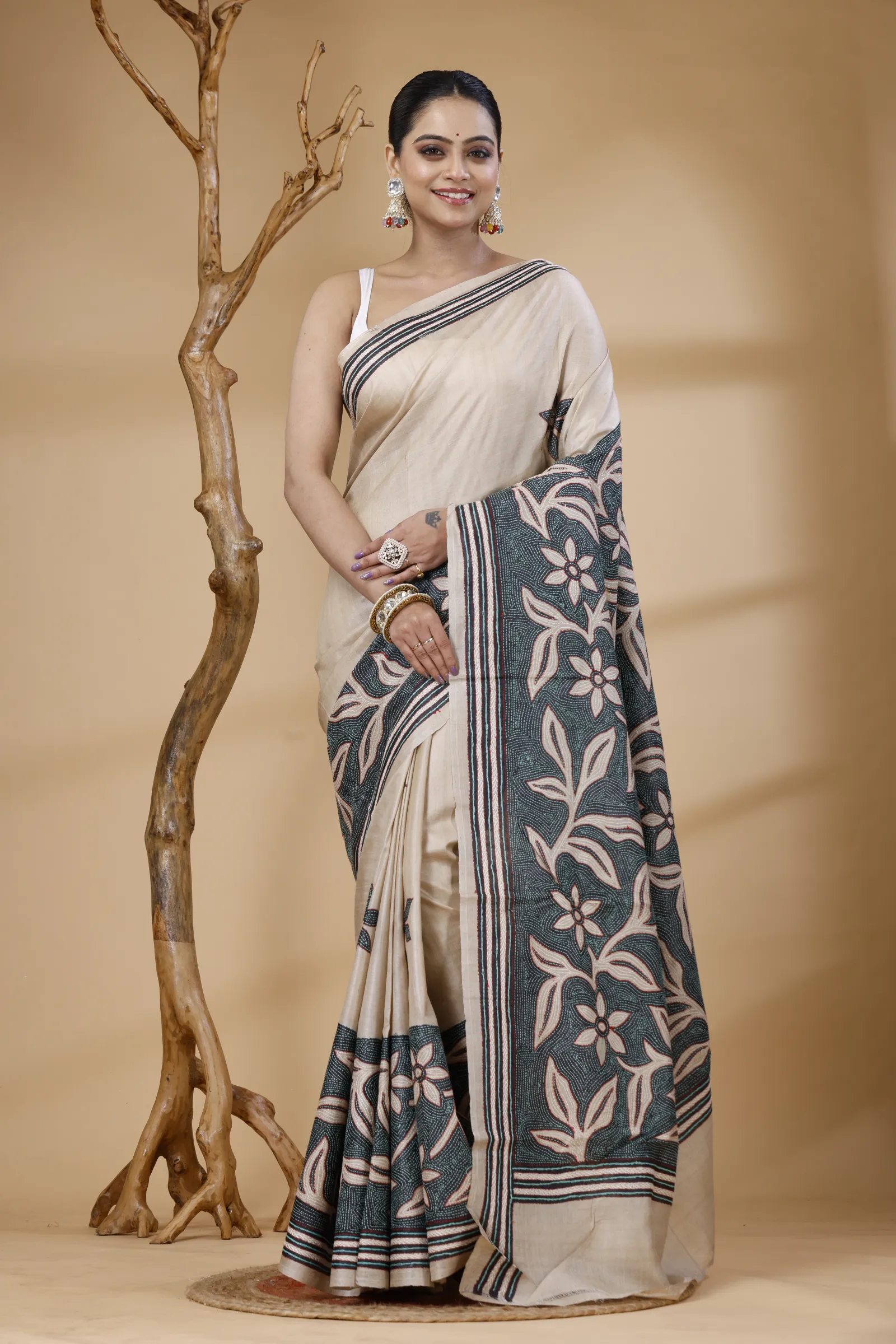 Beige Tussar  Saree With Blouse Piece