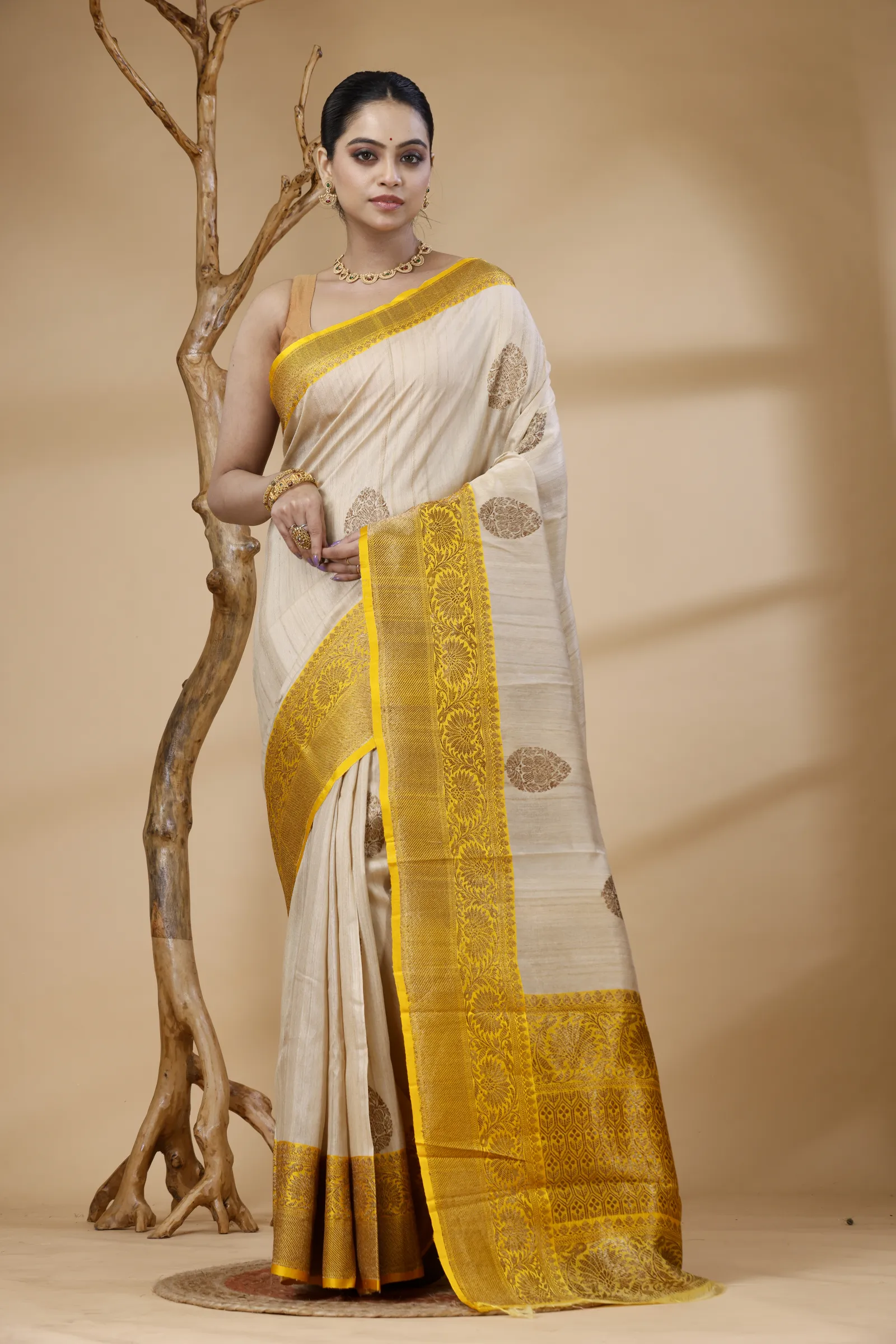 Golden Ivory Temple Border Saree