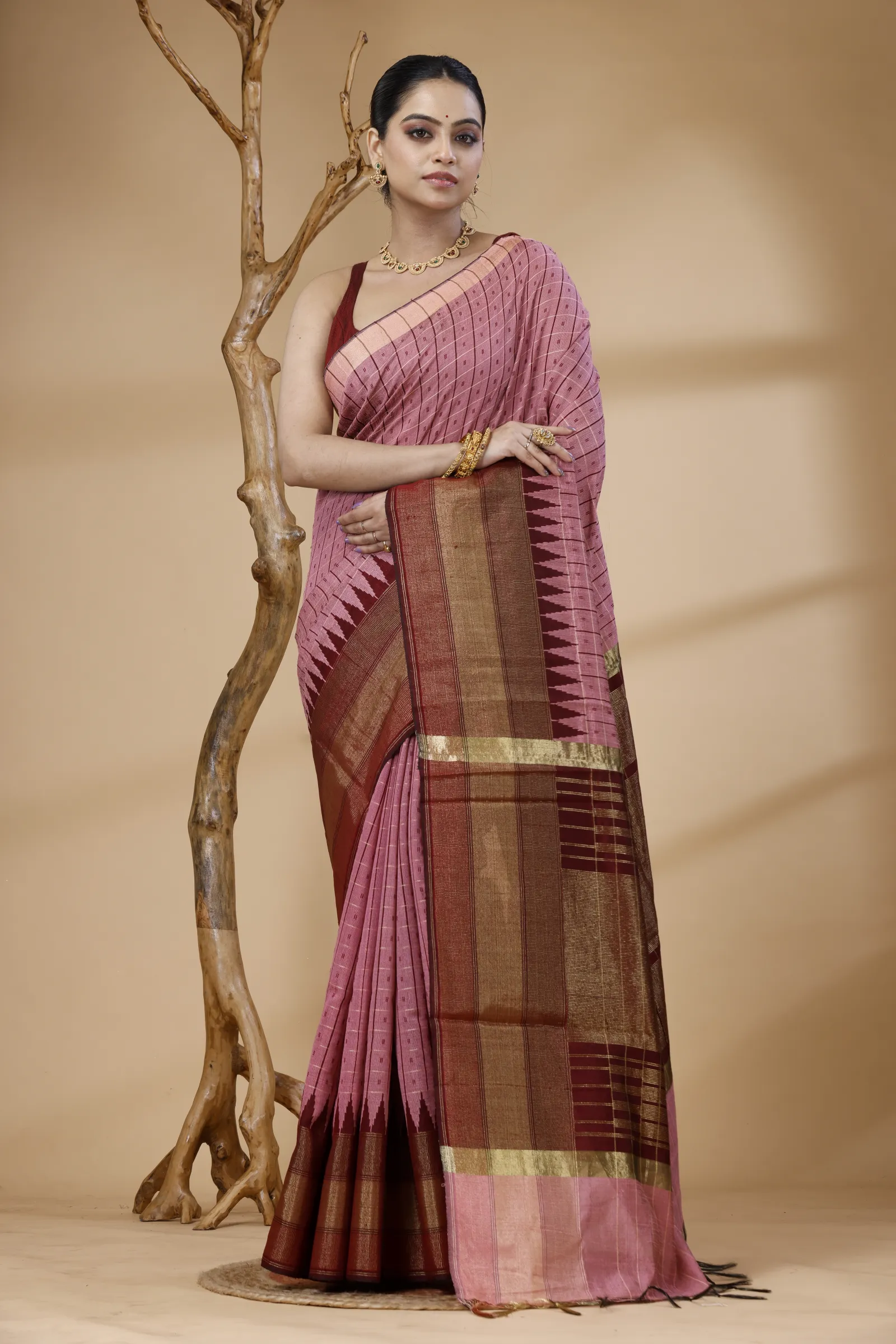 Rosewood Pink Heritage Weave Saree