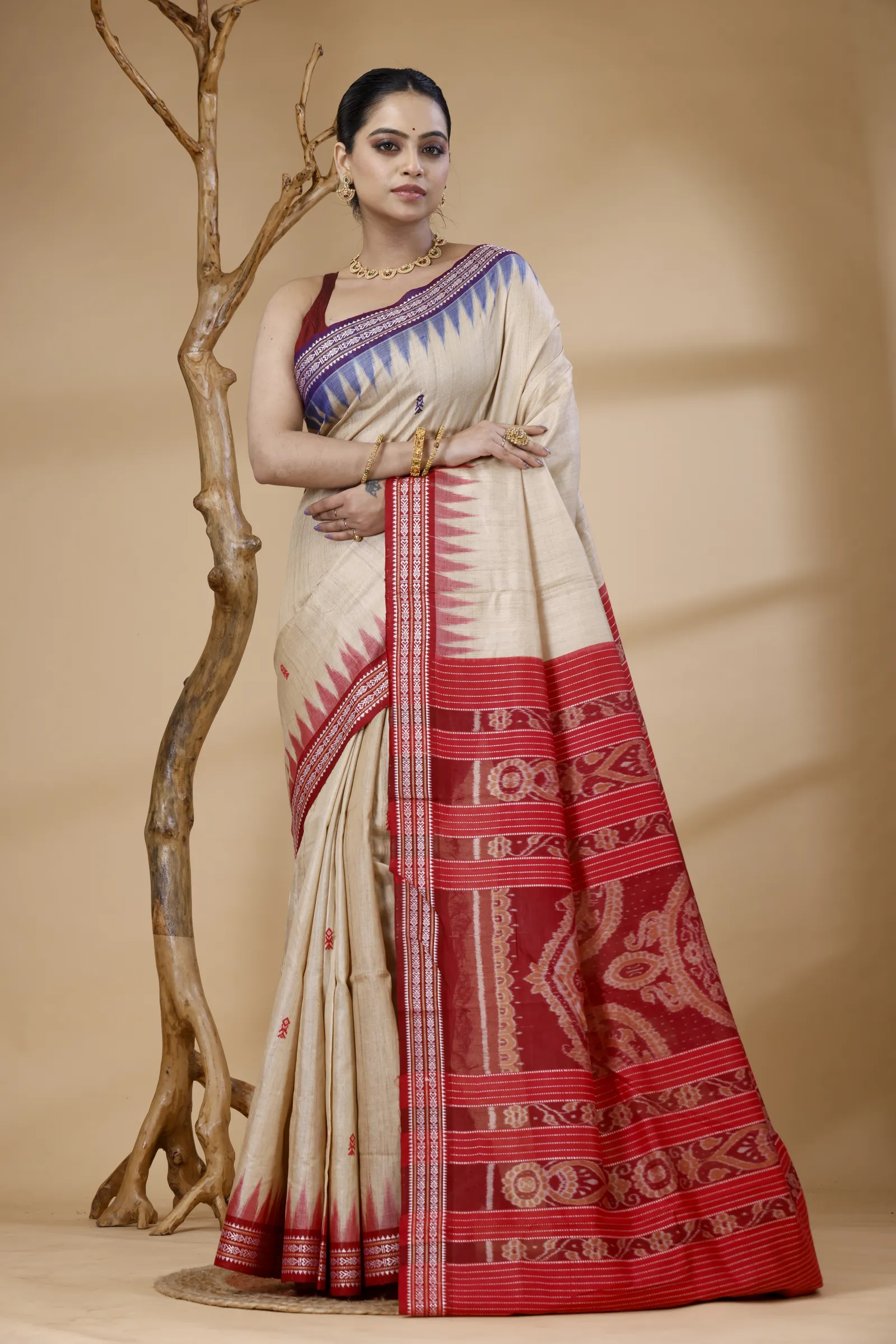 Ivory Crimson Temple Weave Saree